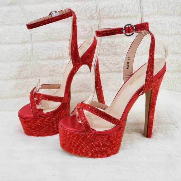 Bejeweled Pandora Bright Red Sparkling Rhinestone Platform 6.5" Heels Shoes - Picture 3 of 17
